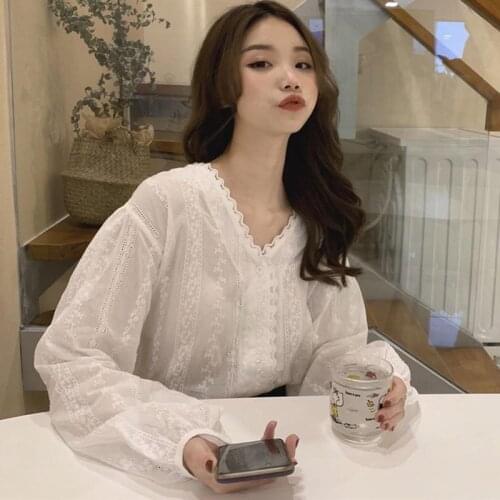 Blouse Women Shirt Lace Chiffon Womens V-neck Long-Sleeved T-shirt 2021 Spring Loose Top Blusas Mujer De Moda