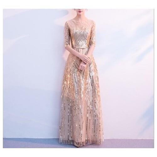 Elegant A-Line Gold Sequin Party Dresses Half Sleeves Knee Length Women Formal Dress
