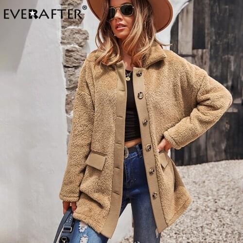 EVERAFTER Warm Winter Faux Fur Coat Women Office Lady Solid Long Coat Button Brown Coat Pockets Elegant Female Coat Outerwear