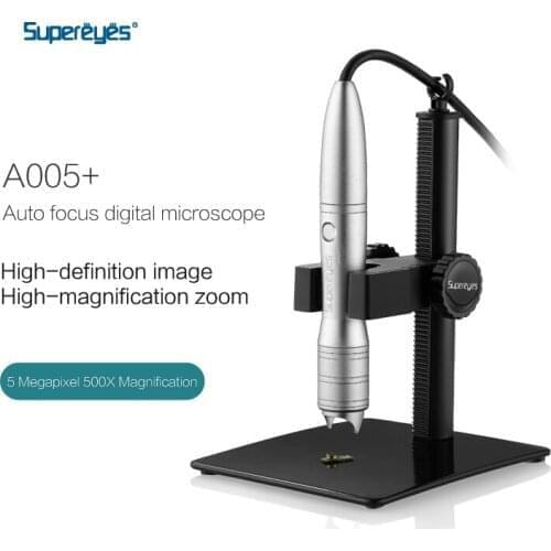 Supereyes A005+ 1-500X 5MP 1944p USB Microscope Auto Focus Video Digital Microscope Magnifier with Microscope Adjustable Stand
