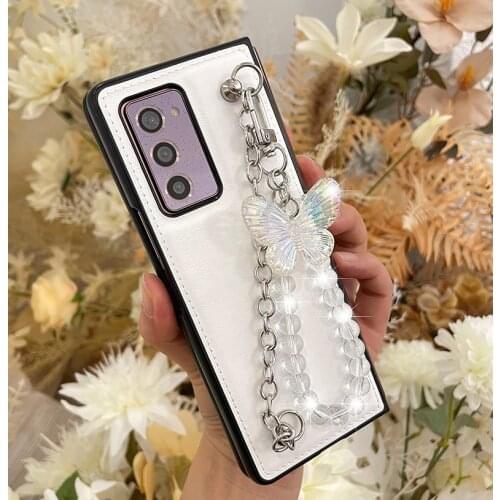 Fashion Butterfly Pendant Case For Samsung Galaxy Z FOLD 2 Z FOLD3 5G Crystal Beads Portable Hand Chain Bracelet Leather Cover