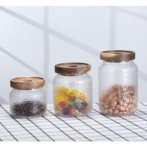 Hammer acacia wood glass storage jar food coffee beans tea sealed jar transparent storage storage jar