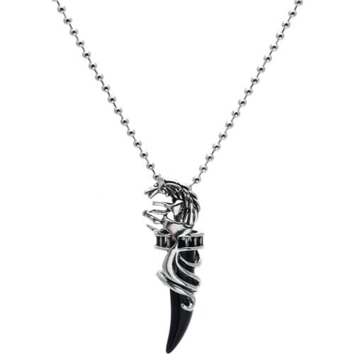 Men Choker Stainless Steel Black Crystal Wolf fang Pendant Necklace