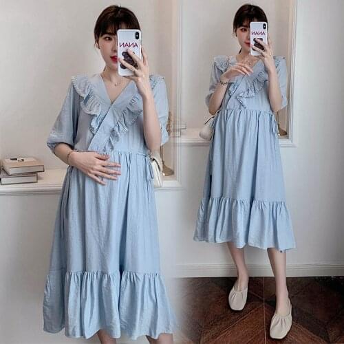 2021 New Pregnant Women Breastfeeding Dress Short Sleeve V-neck Ruffles Patchwork Drawstring Waist Nursing Dress Lactation