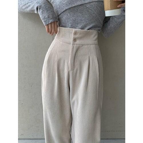 Richkeda Store New 2021 Corduroy Pants Womens Spring 2021 New High Waist Straight Loose Wide-leg Pants Retro Mopping Drape