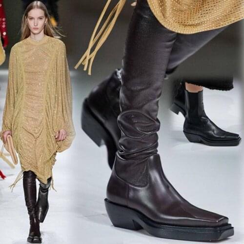 Luxury Square Toe Over-the-Knee Boots Woman High Heels Leather Chelsea Boots Party Zapatos De Mujer 2020 Sexy Long Boots Women