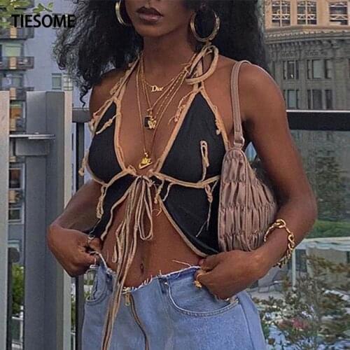 TIESOME Sexy black mesh low cut crop tops camisole women club party night wear goddess Patchwork design pleated tank tops female