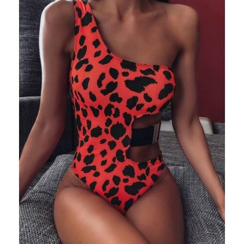Sexy Women One Shoulder Swimsuit Leopard Rose Red Swimwear Female Bathing Suit Monikini Ladies Swimming Costume