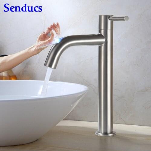 Touch Basin Mixer Tap Senducs Single Cold Bathroom Basin Faucet SUS304 Stainless Steel Automatic Basin Faucet Touch Bathroom Tap