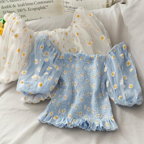 Sweet Fairy Little Chrysanthemum Off Shoulders Chiffon Shirt High Waist Mesh Spliced Pleated Blouse Crop Tops Puff Sleeve Blusas