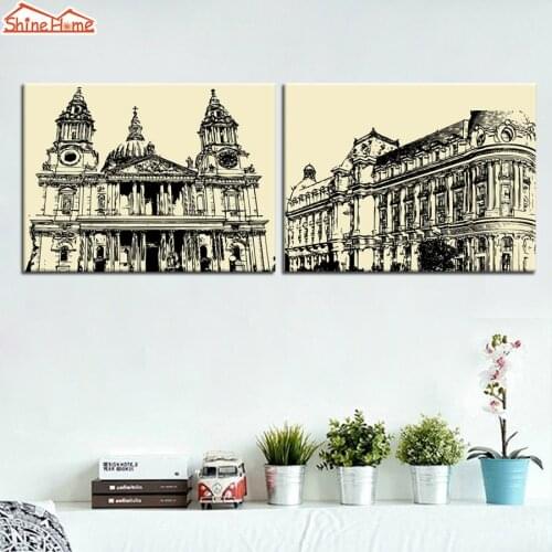 ShineHome-2pcs Canvas Printed Europe Church Modular Wall Painting City Building Black White Poster Picture Livingroom Art Deco