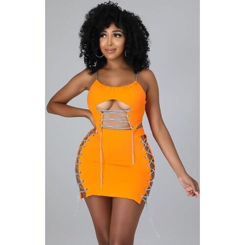 Chain Patchwork Sexy 2 Two Piece Matching Set Spaghetti Strap Crop Top and Side Hollow Sheath Mini Skirt Clubwear Tracksuits