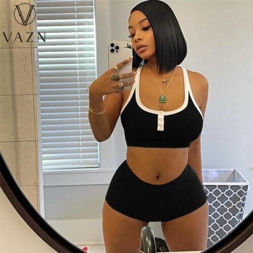 VAZN 2021 Summer Knit Set Solid Sexy Soft Elastic Young Tank Sleeve Short Pants Skinny High Waist Tracksuits Women 2 Piece Set