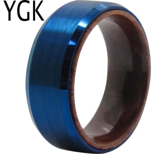 YGK Wedding Jewelry Lovers Ring Matte Blue Bevel With Wood Inlay Tungsten Ring Bridegroom Wedding Engagement Anniversary Ring
