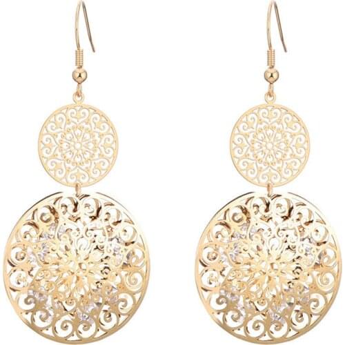 Womens Dual Layer Carved Openwork Earring Hollow Drop Earring Drop Dangle Pendant Earrings