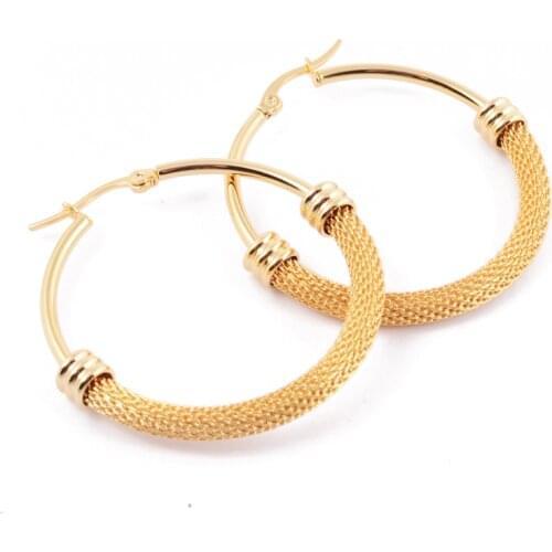 Fashion Half Mesh Hoop Earrings Color Gold Stainless Steel 4 Sizes Cable Mesh Hoop Earrings Jewelry For Women