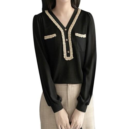 Womens Spring Autumn Style Chiffon Blouses Shirt Womens V-Neck Solid Color Pockets Patchwork Button Casual Tops DD9097