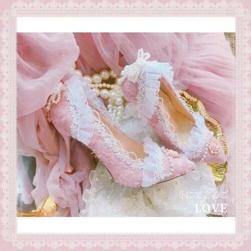 Palace lace pearl high heel 9cm soft girl style retro shallow mouth pointed womens shoes kawaii shoes cosplay Lolita loli