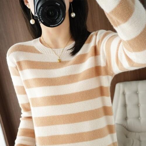 Autumn and winter new round neck Pullover Cashmere sweater women Korean version of loose striped 100%Wool knitted Sweater Female