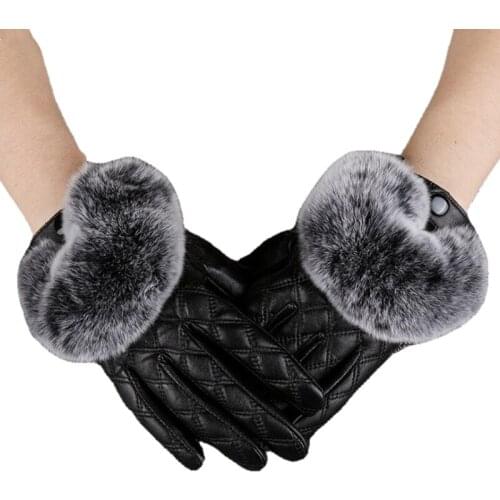 Winter Warm Grid Genuine Leather Gloves For Women With Rex Rabbit Fur Short Sheepskin Gloves Guantes Mujer