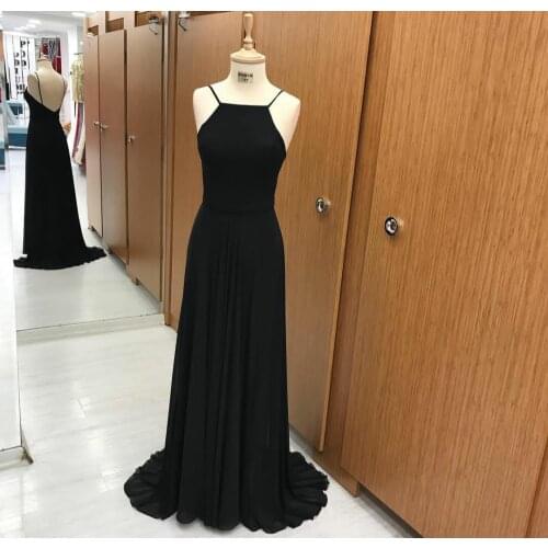 Elegant A-Line Long Black Halter Bridesmaid Dresses with Pockets Custom Made Open Back Chiffon Formal Wedding Party Dresses