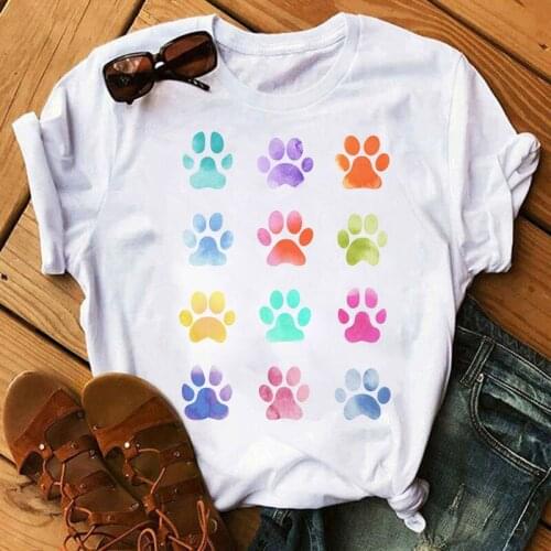 Watercolor Dog Paw Print T-shirt Summer Fashion Women T Shirt Short Sleeve Tops Tee Casual Female Harajuku T-shirt Dog Mom Tees