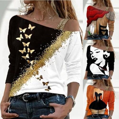 Autumn New Hit Color Printing T-shirt Personality Off-shoulder Long-sleeved Tops Casual Loose Pullover Ladies T-shirt Camiseta