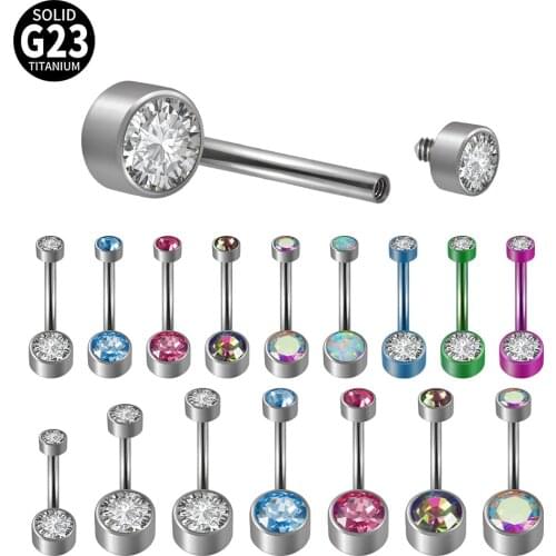 1PC G23 Solid Titanium Belly Button Rings Internally Threaded Top Double Round Zircon Bezel Set Belly Button Ring Navel Piercing