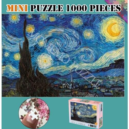 Mini Van Gogh Painting Puzzles Starry Night Wooden 1000 Pieces Jigsaw Puzzles Adults DIY Assembling Puzzles Games Toys Gifts