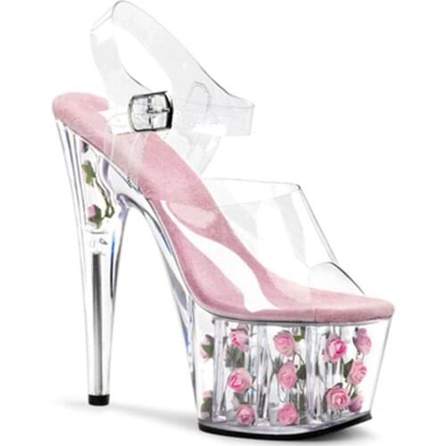 Hollow-out seduction party sandals, banquet dress shoes stage 17 cm rose platform high heel sandals
