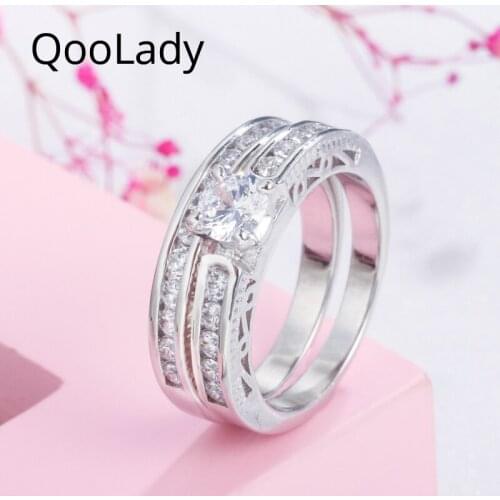 QooLady Super Sparkling White Gold CZ Stone Couple Rings Anniversary Engagement Bridal Ring Set Women Fashion Party Jewelry F043