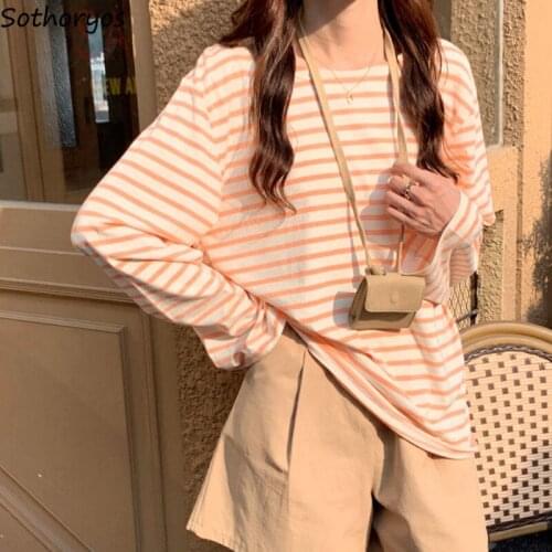 Striped Sleep Tops Women Breathable Soft Loose Fashion Sweet Retro Long Sleeve Tees Lady Nightwear O-neck Autumn Daily Sleepwear
