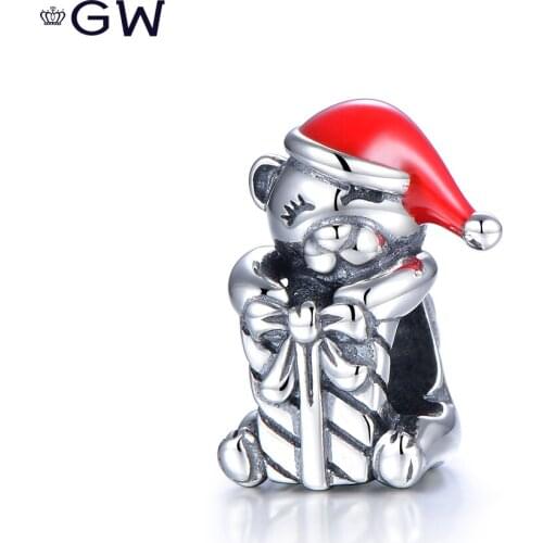 925 Sterling Silver Diy Christmas Teddy Bear Red Enamel Charm Bead Fit Bracelet Original Jewelry GW Fashion Jewelry D206H50