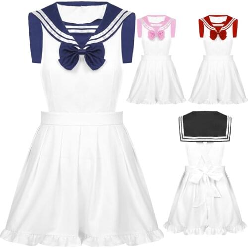 Womens Cosplay Sailor Dress Erotic Bowknot Backless Maid Apron Lingerie Costume Naughty School Girl Role Play Uniforms Clubwear