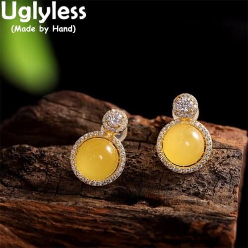 Uglyless Discolored Mexico Amber Studs Earrings for Women Elegant Party Dress Fashion Jewelry Crystal Brincos 925 Silver Jewelry