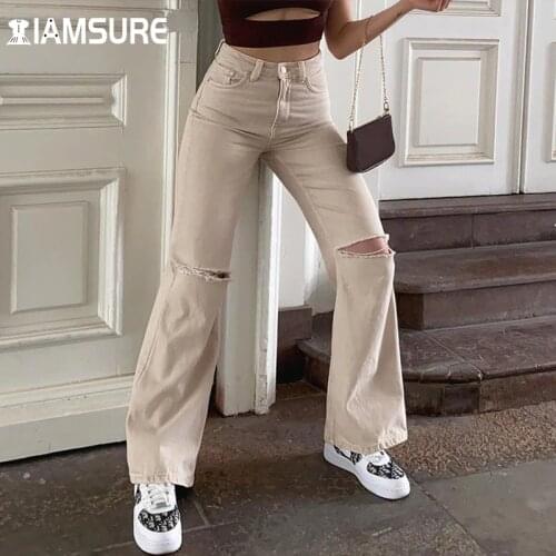 IAMSURE Loose Solid Ripped Jeans Casual Streetwear High Waisted Trousers Women Denim Wide Leg Pants 2021 Elegant Fashion Ladies