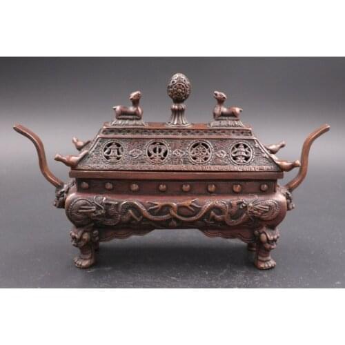 Tibet Buddhism Red Bronze Eight Auspicious Dragon Beast Incense Burner Censer