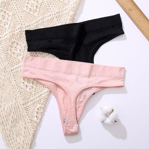 FINETOO G-string Panties Cotton Womens Thong Hollow Out Casual T Back Female Solid Color Low Waist Pantys Intimate Lingerie