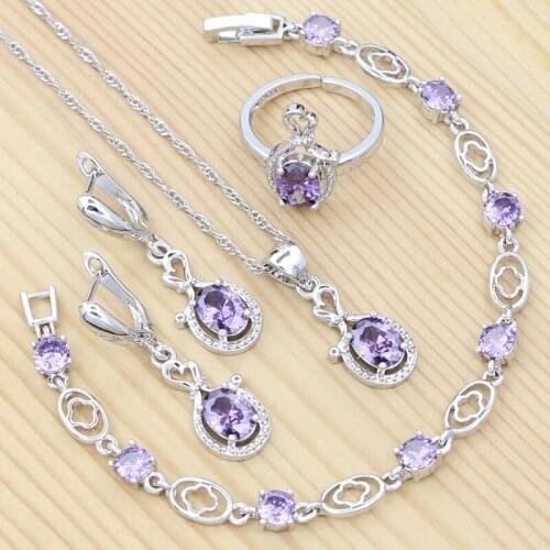 Silver 925 Jewelry Oval Purple Cubic Zirconia Earrings Bracelet Ring Pendant Chain Jewelry Set Wedding Accessories