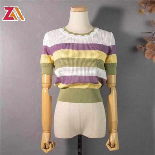 ZALady casual summer short sleeve knit tops stripe hollow out basic streewear women top knitting pullover fashion top