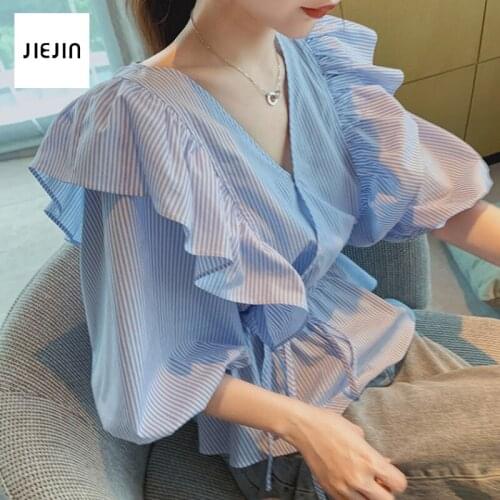 Women Striped Blouse Shirt Long Sleeve V-neck Shirts Casual Tops 2020 Button Shirts Elegant Office Lady Blouse Top