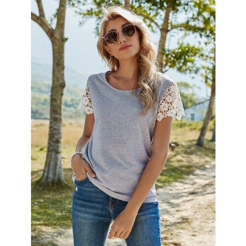 2021 Spring New T Shirt Women Casual O Neck Lace Short Sleeve Pullover Top Female Solid Color Summer T Shirt For Women Gray