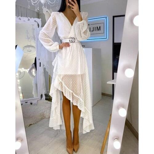 2020 Autumn New Women Lantern Sleeve Dress Swiss Dot Lace V-Neck Splice Ladies Asymmetrical Hem Elegant Party Designer Dresses