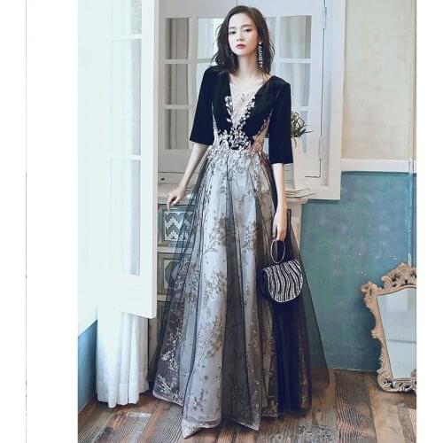 Black V-Neck Sexy Queen Evening Party Sequins Dress Formal Exquisite Dress Women Princess Dream Prom Gown Dresses Vestidos