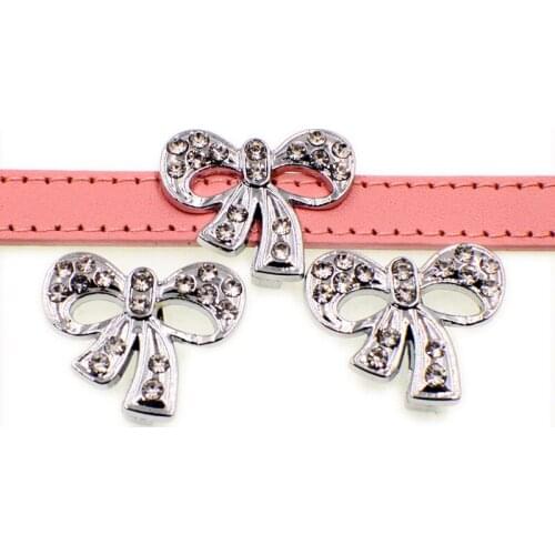 10mm Crystal Bowknot Tie Slide Charms Flat Hole Metal Beads Keeper Fit 10mm Stainless Steel Mesh Bracelets DIY Jewelry Making