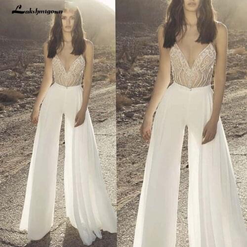 2020 Jumpsuits Beach Wedding Dresses V Neck Beads Lace Appliqued Princess Garden Plus Size Boho Chiffon Wedding Bridal Gown