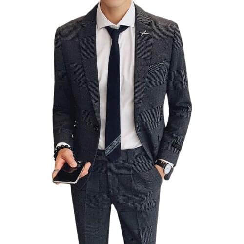 2021(Jacket+Pants)New Mens Business Casual Houndstooth 2 sets of small suits high quality fabric mens single button suits