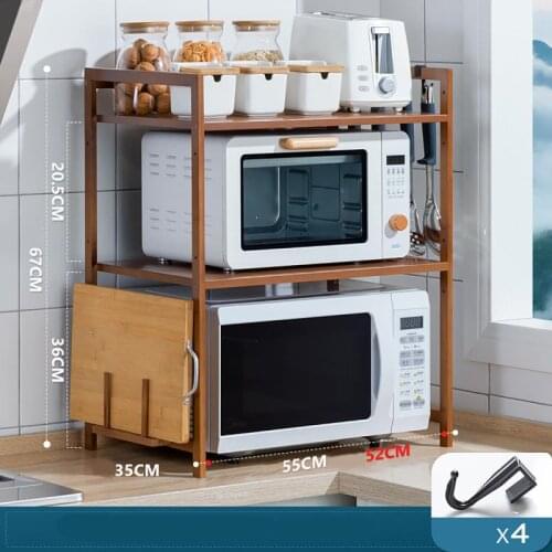 2/3 Tier Bamboo Microwave Oven Shelf Rack Kitchen Shelf Spice Organizer Storage Rack Bathroom Organizer Shelf with 4 Hooks