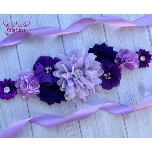 Shining Rhinestone Polygonal Floral Waistband Handmade Beaded Chiffon Flower Maternity Belt Bridal Wedding Dress Cummerbunds