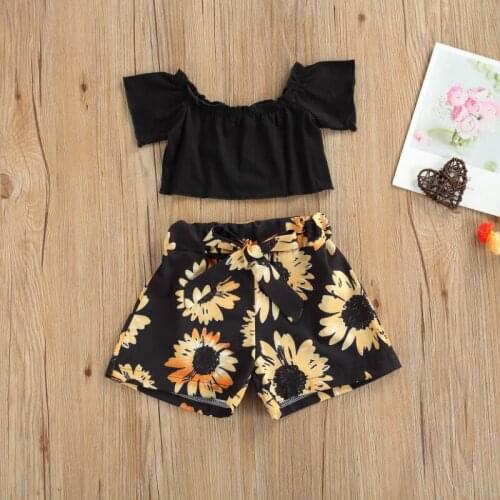 Kids Baby Girls Fashion 2-piece Outfit Set Off Shoulder Tops+Bowknot Sunflower Print Shorts Set for Children Girls Summer 2021